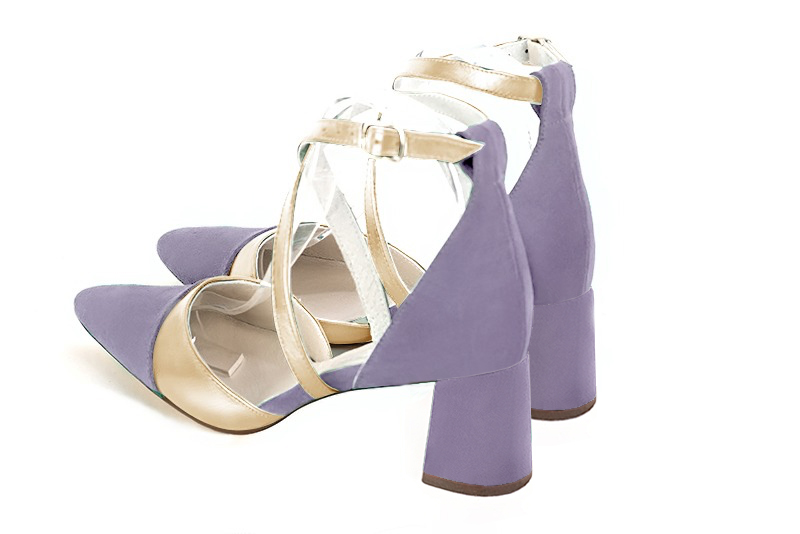 Lilac purple and gold women's open side shoes, with crossed straps. Tapered toe. Medium flare heels. Rear view - Florence KOOIJMAN